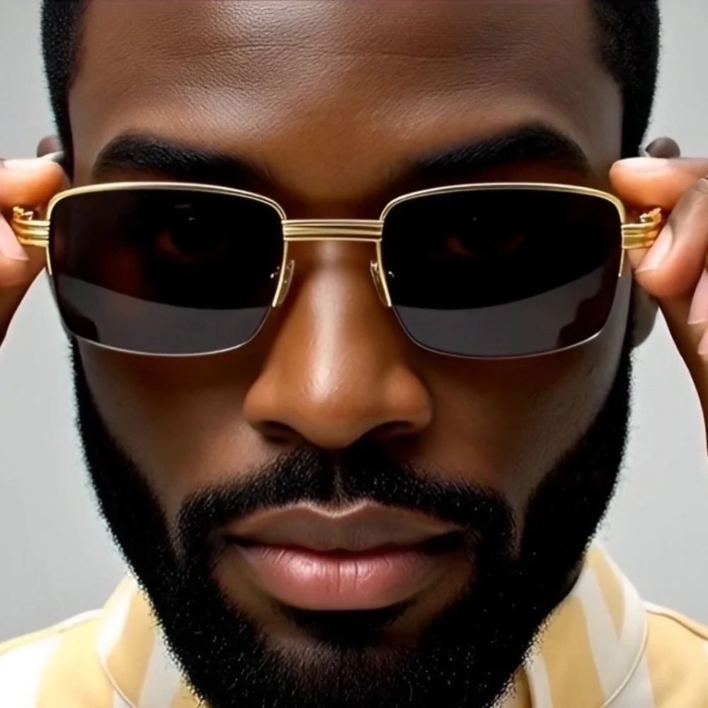 Gold Frame Sunglasses Brown Lens Rectangle Fashion Hip Hop Style Retro 80's 90's
